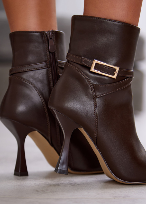 Brown Stiletto Heel Ankle Boots with Buckle Strap 1