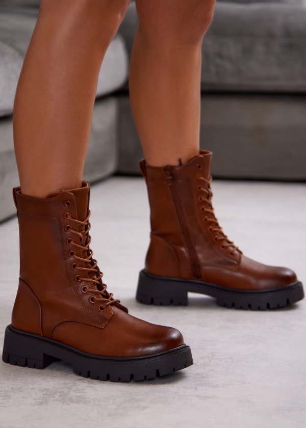 Tan Lace-Up Combat Boots with Chunky Sole 1