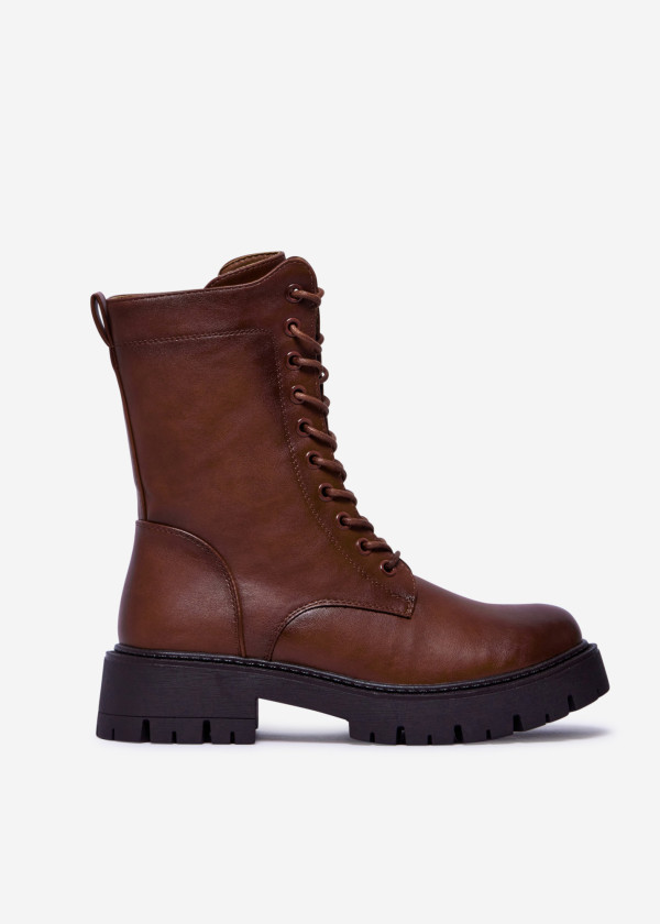 Tan Lace-Up Combat Boots with Chunky Sole 2