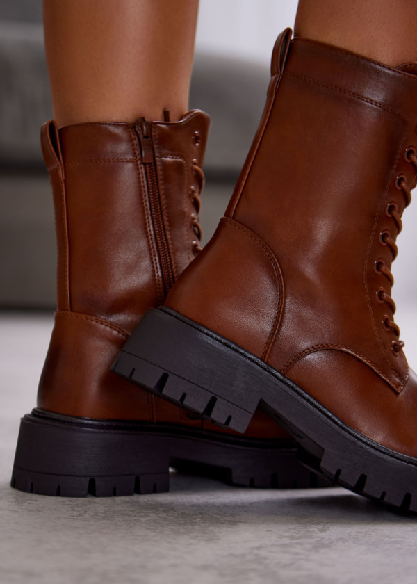 Tan Lace-Up Combat Boots with Chunky Sole 3
