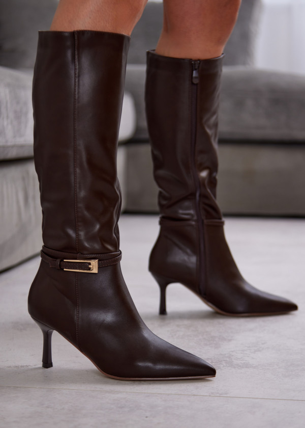 Brown Knee-High Stiletto Heel Boots with Buckle Detail 1