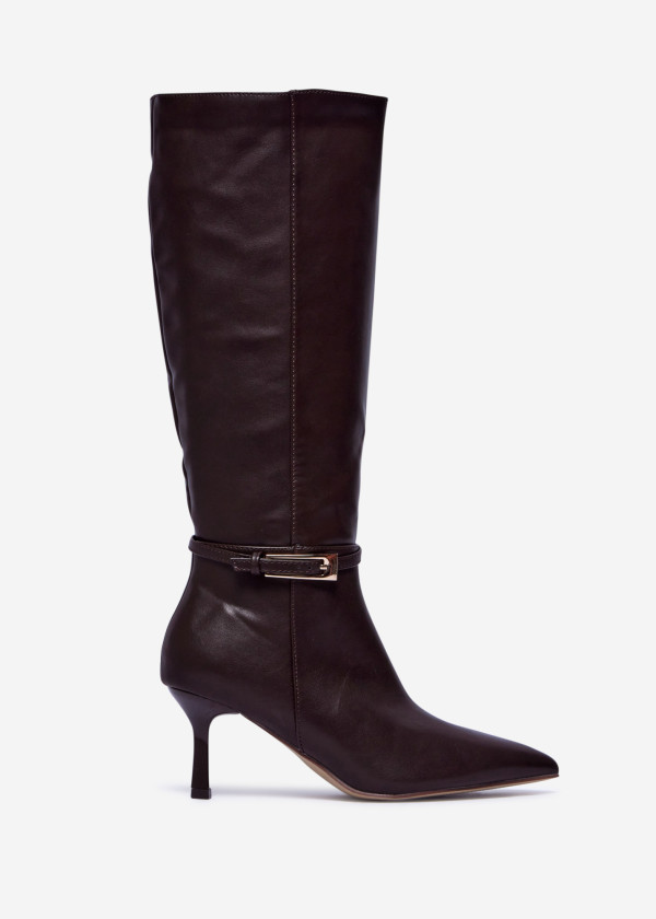Brown Knee-High Stiletto Heel Boots with Buckle Detail 2