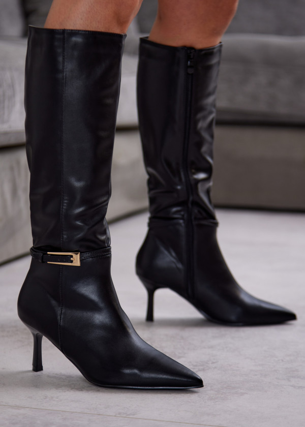 Black Knee-High Stiletto Heel Boots with Gold Buckle 4