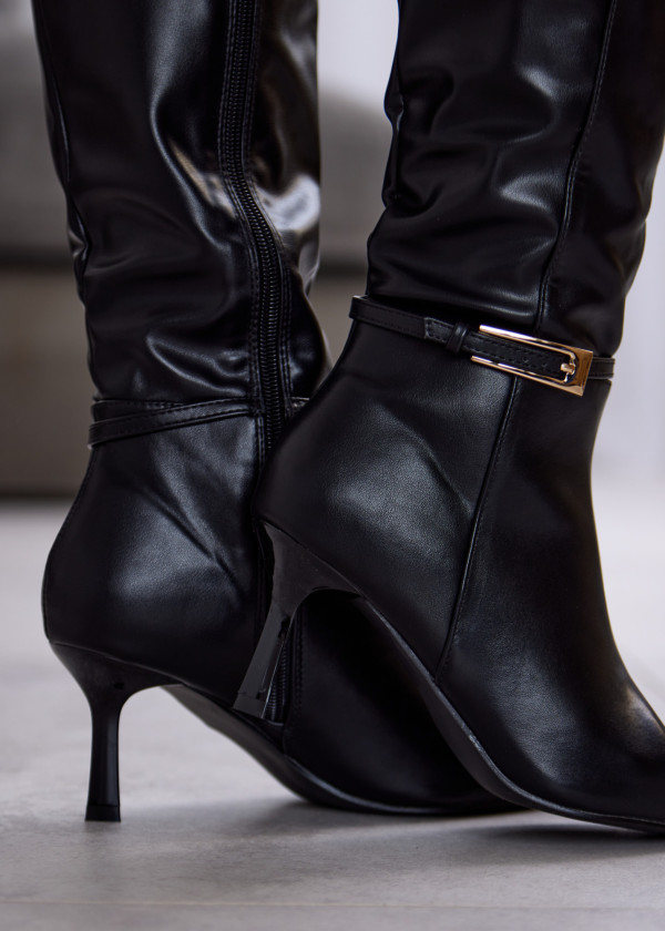 Black Knee-High Stiletto Heel Boots with Gold Buckle 2