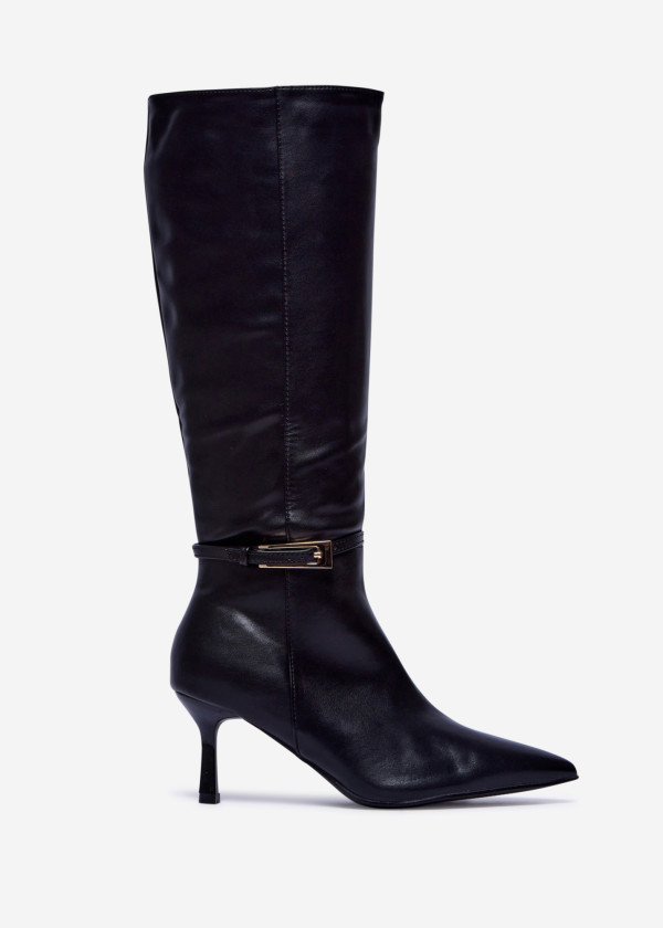 Black Knee-High Stiletto Heel Boots with Gold Buckle 3