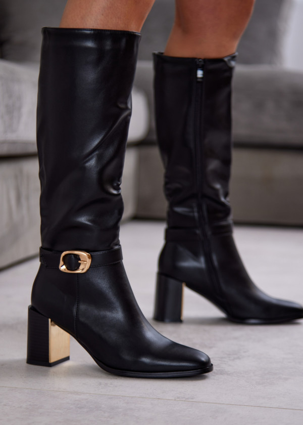 Black Block Heel Knee-High Boots with Gold Buckle