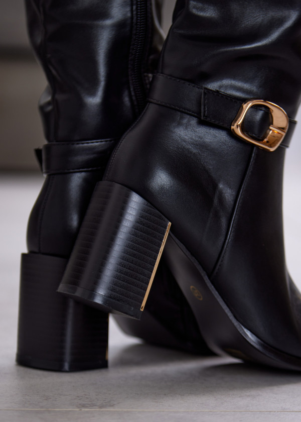 Black Block Heel Knee-High Boots with Gold Buckle 1