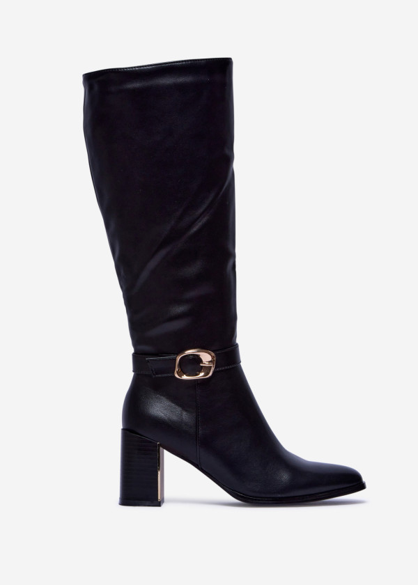 Black Block Heel Knee-High Boots with Gold Buckle 3