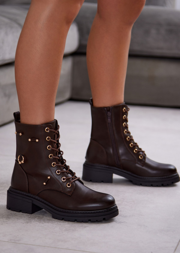 Brown Combat Boots with Gold Details 1