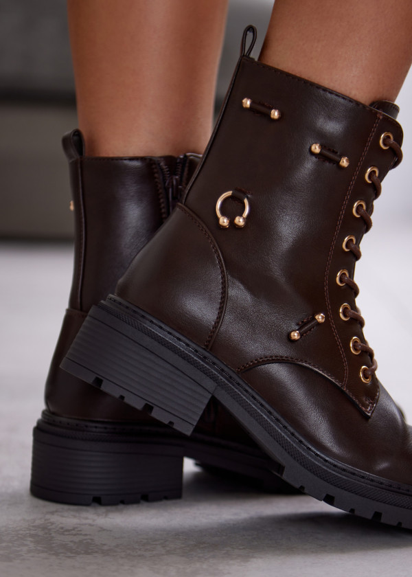 Brown Combat Boots with Gold Details 2