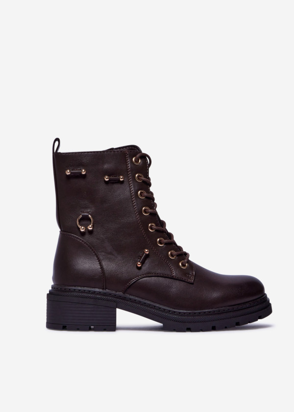 Brown Combat Boots with Gold Details 3