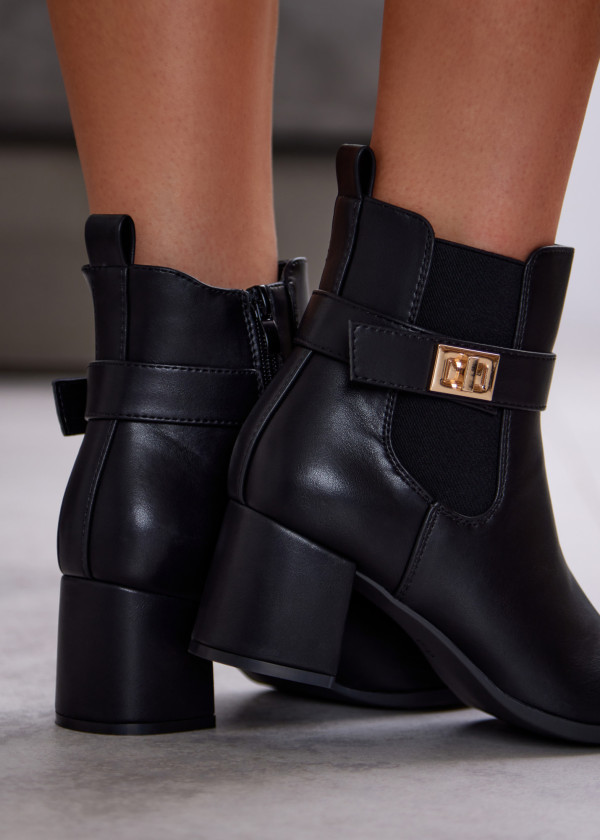 Black Ankle Boots with Block Heel and Gold Buckle 1