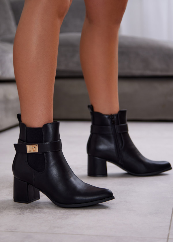 Black Ankle Boots with Block Heel and Gold Buckle 2