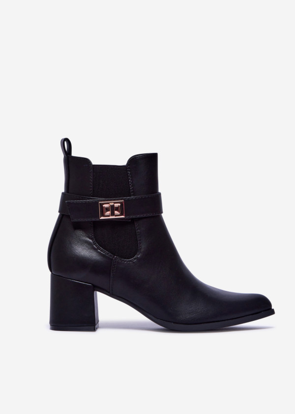 Black Ankle Boots with Block Heel and Gold Buckle 3
