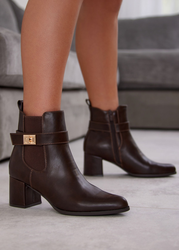 Brown Ankle Boots with Block Heel and Gold Buckle 2