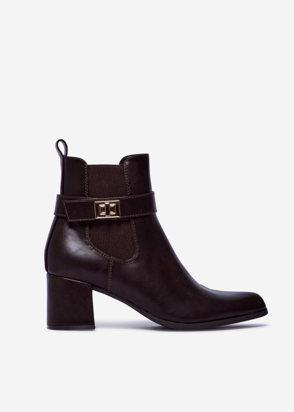 Brown Ankle Boots with Block Heel and Gold Buckle 3