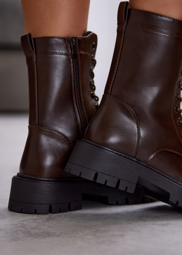 Brown Lace-Up Combat Boots with Chunky Sole 1