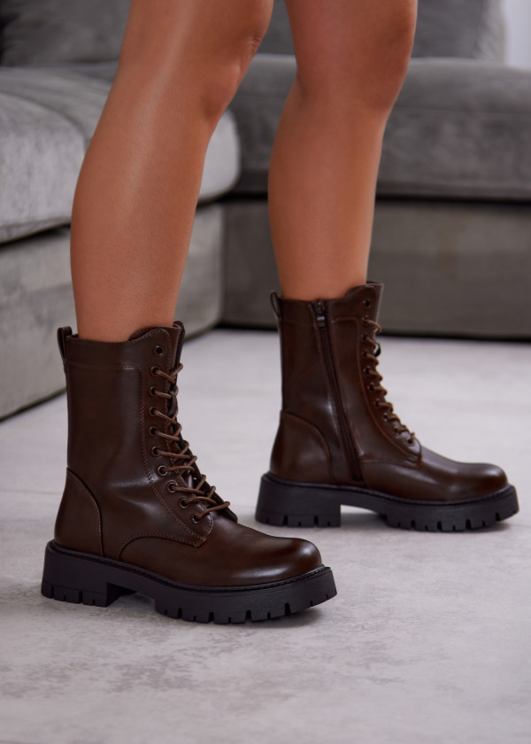 Brown Lace-Up Combat Boots with Chunky Sole 2