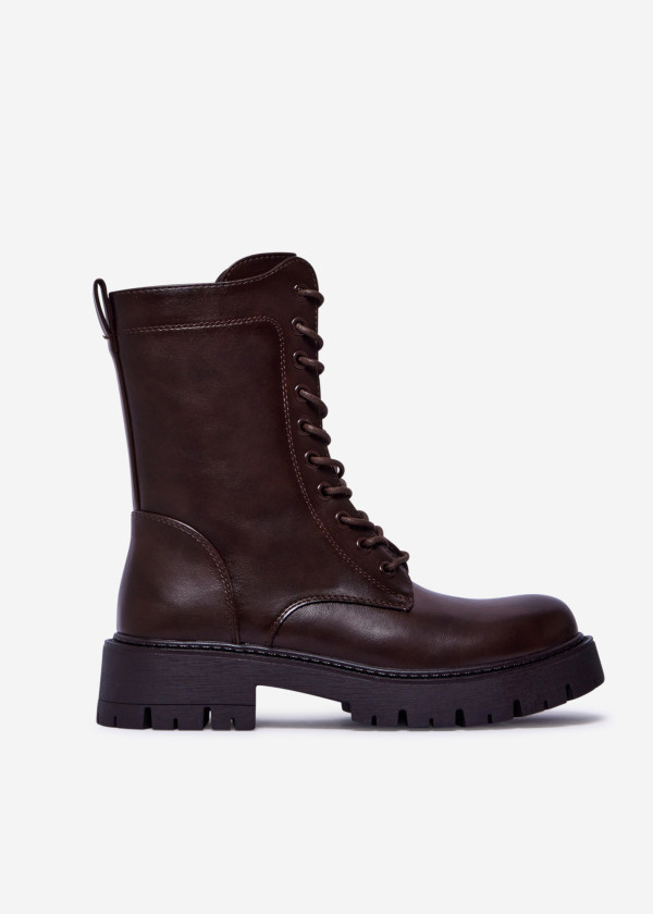 Brown Lace-Up Combat Boots with Chunky Sole 3