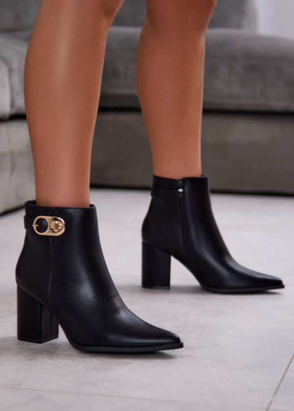 Black Block Heel Ankle Boots with Gold Buckle 1