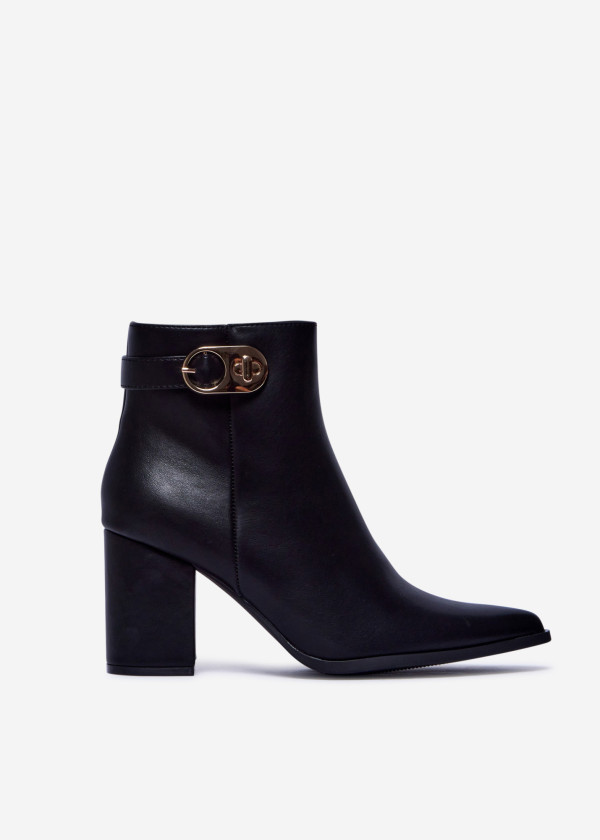 Black Block Heel Ankle Boots with Gold Buckle 3