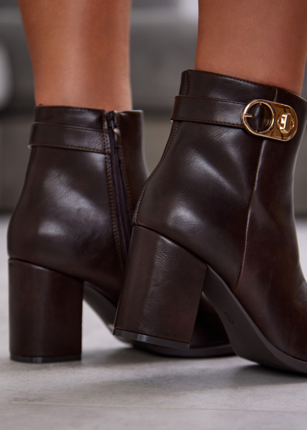 Dark Brown Ankle Boots with Block Heel and Gold Buckle 2