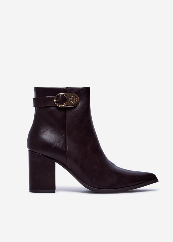 Dark Brown Ankle Boots with Block Heel and Gold Buckle 3