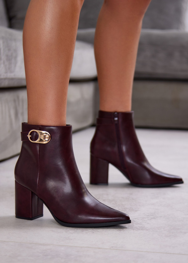 Wine Ankle Boots with Block Heel and Gold Buckle