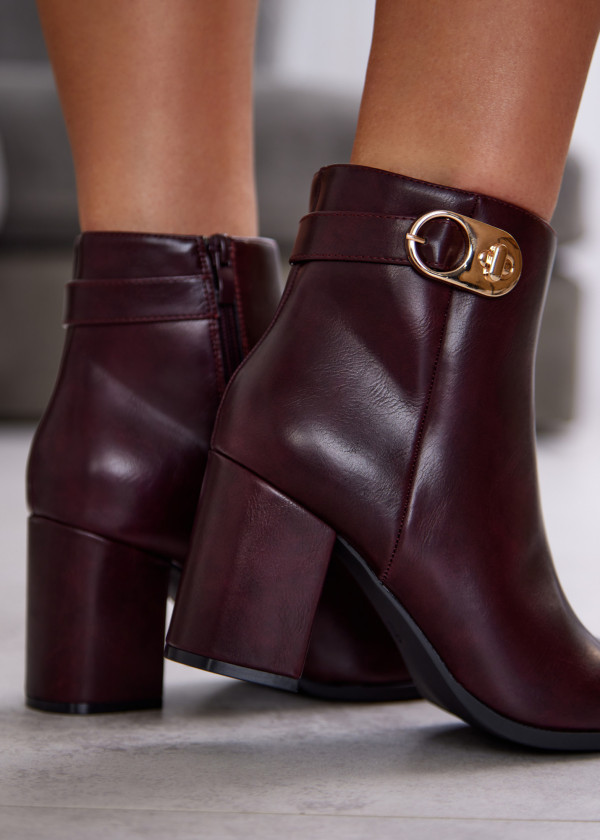 Wine Ankle Boots with Block Heel and Gold Buckle 1