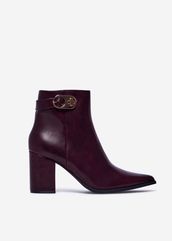 Wine Ankle Boots with Block Heel and Gold Buckle 3