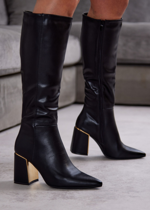 Black Knee-High Boots with Gold Block Heel 4
