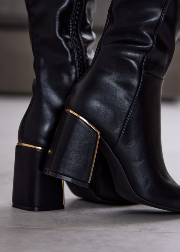 Black Knee-High Boots with Gold Block Heel 1