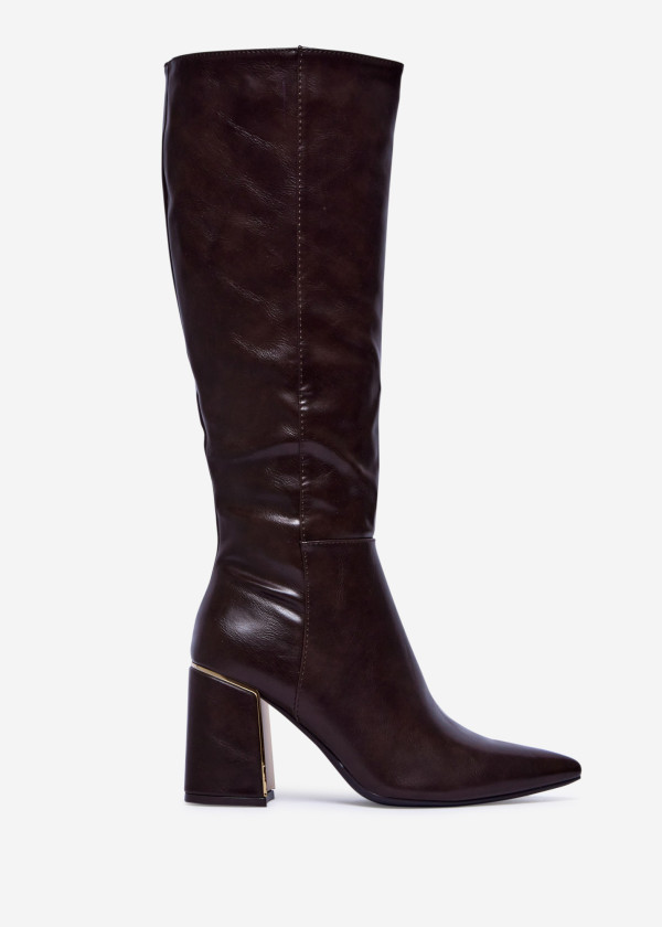 Brown Knee-High Boots with Gold Block Heel 3