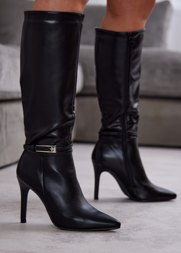 Black High Heel Knee Boots with Decorative Strap