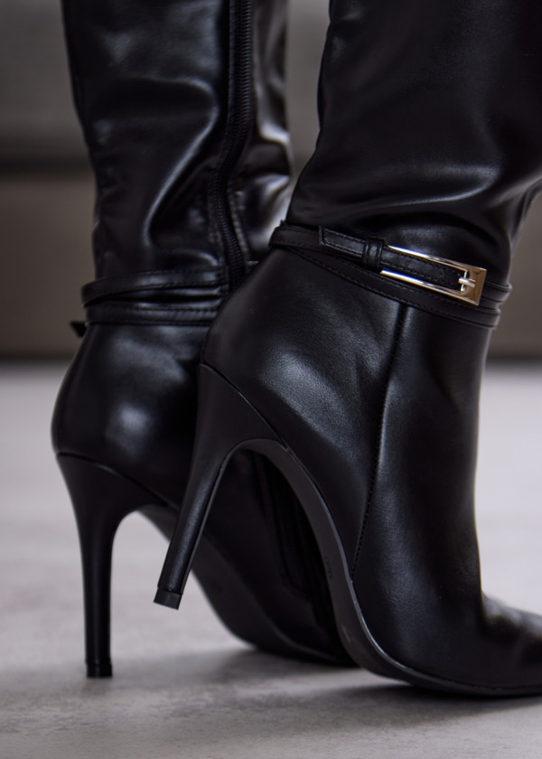 Black High Heel Knee Boots with Decorative Strap 1