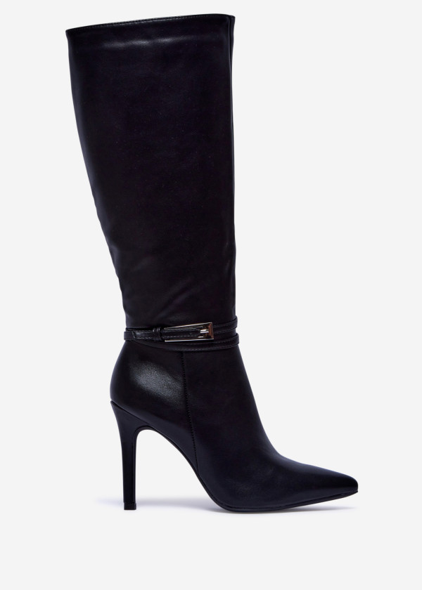 Black High Heel Knee Boots with Decorative Strap 3
