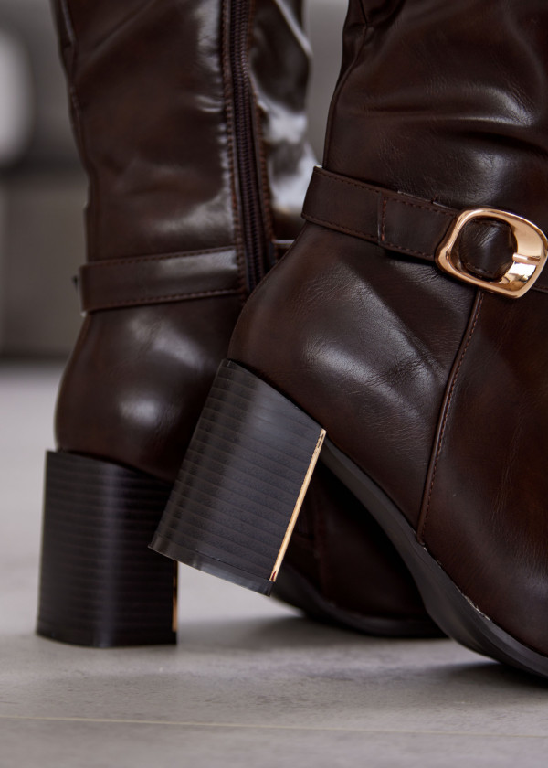 Brown Knee-High Block Heel Boots with Gold Buckle 2
