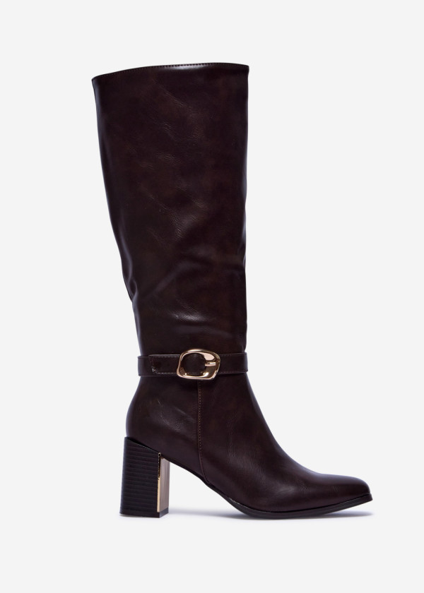 Brown Knee-High Block Heel Boots with Gold Buckle 3