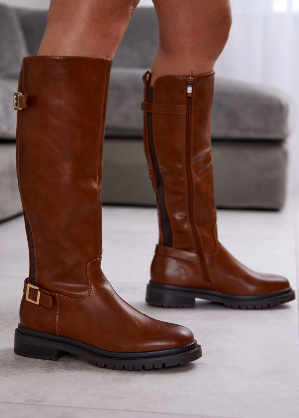 Tan Knee-High Riding Boots with Buckle Detail 4