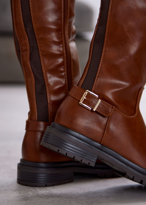 Tan Knee-High Riding Boots with Buckle Detail 2