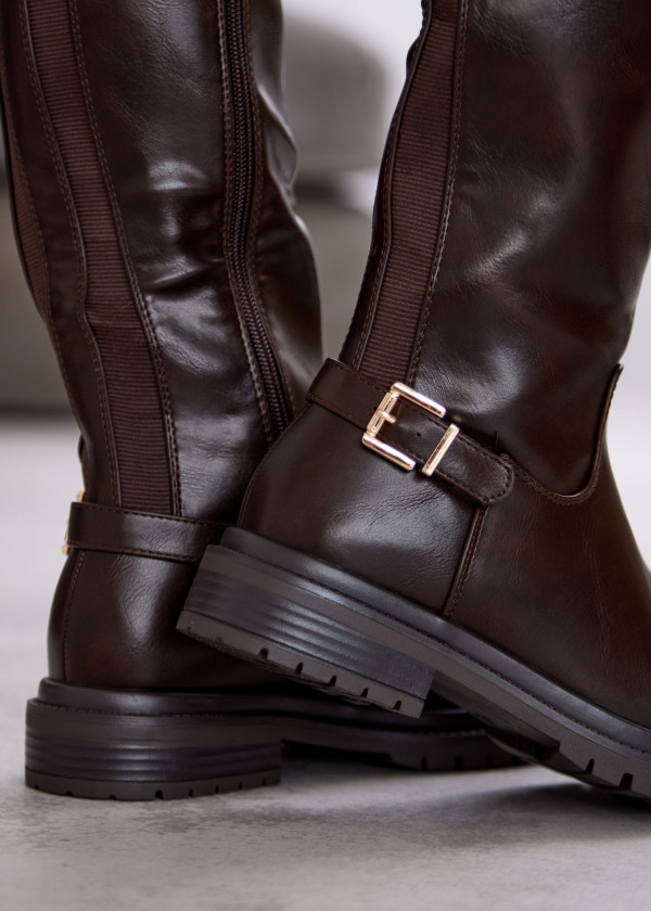Dark Brown Knee-High Boots with Buckle Detail 1