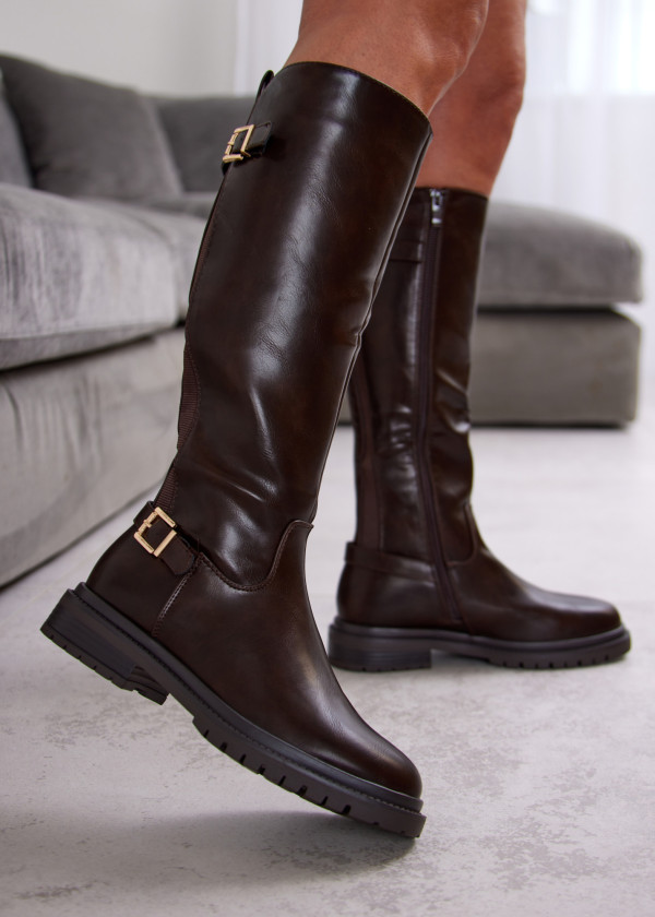Dark Brown Knee-High Boots with Buckle Detail 2