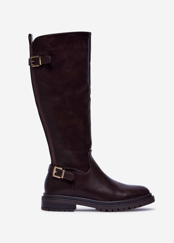 Dark Brown Knee-High Boots with Buckle Detail 3