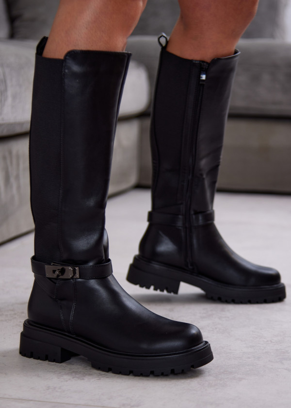Black Knee-High Boots with Side Elastic and Metal Buckle 4
