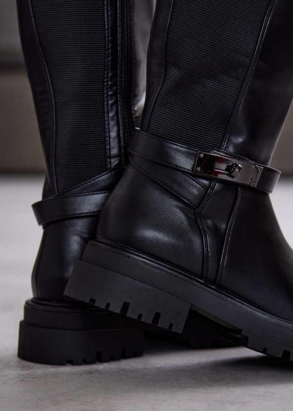 Black Knee-High Boots with Side Elastic and Metal Buckle 2
