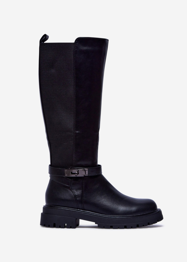 Black Knee-High Boots with Side Elastic and Metal Buckle 3