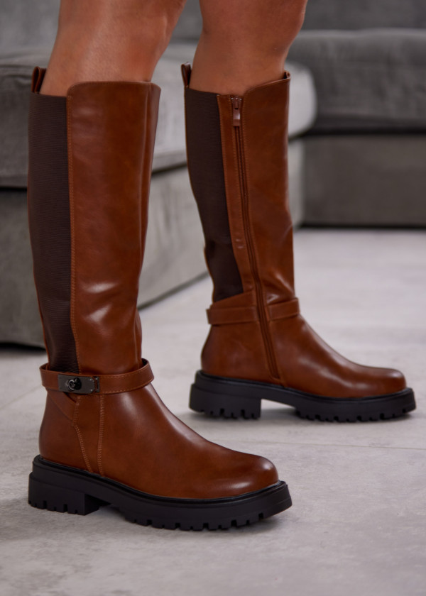 Tan Knee-High Boots with Chunky Sole and Strap Detail 4