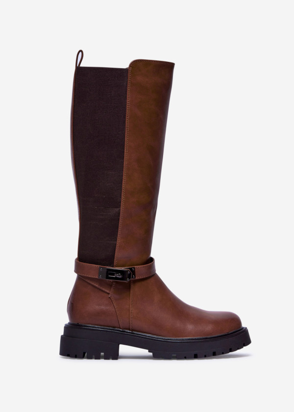 Tan Knee-High Boots with Chunky Sole and Strap Detail 2