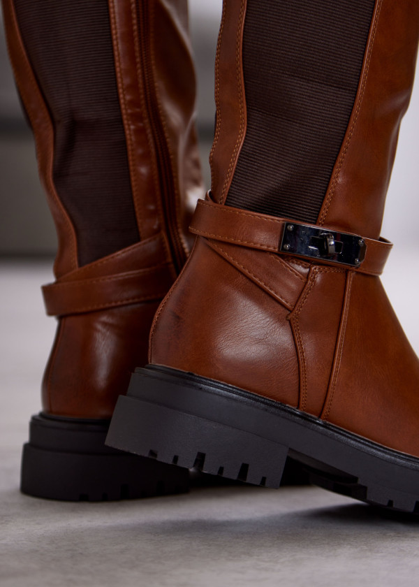 Tan Knee-High Boots with Chunky Sole and Strap Detail 3