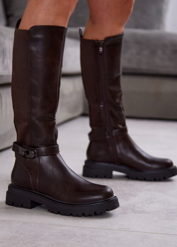 Brown Knee High Riding Boots with Buckle Detail 4